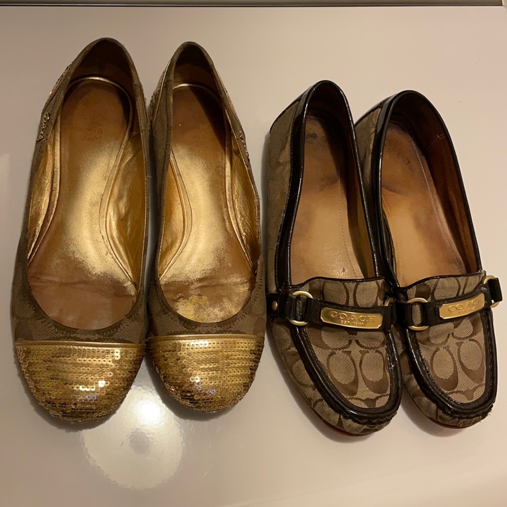 2 pair Lot COACH ballerina loafer gold brown